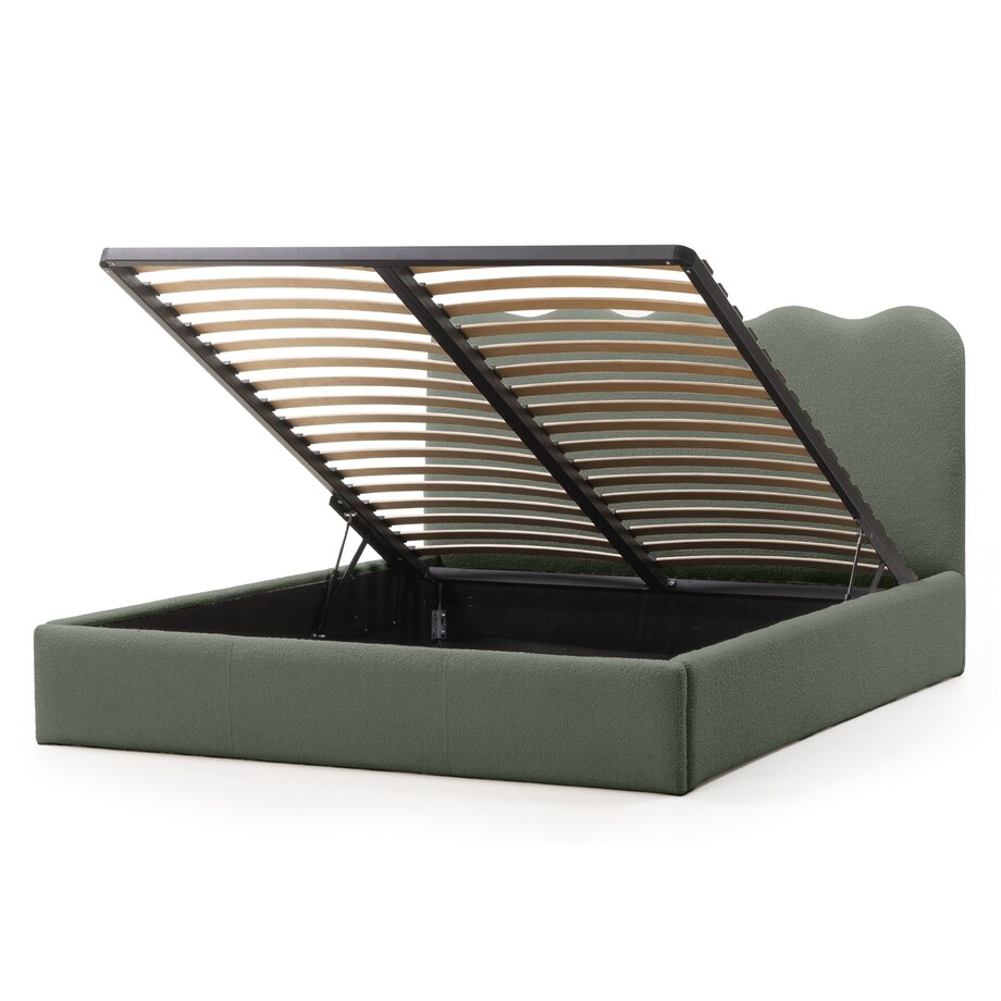 Łóżko 160x200 cm ze stelażem i pojemnikiem bouclé ciemnozielone