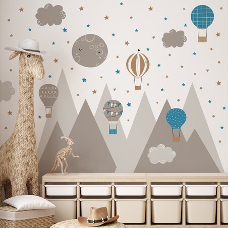 ZESTAW NAKLEJEK DLA DZIECI NA ŚCIANĘ BRĄZOWE GÓRY GWIAZDKI BALONY