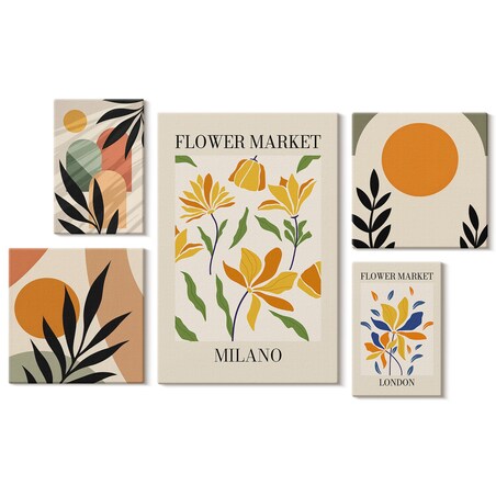 Zestaw 5 obrazów na płótnie - Kwiaty abstrakcyjne boho styl - pomarańczowy