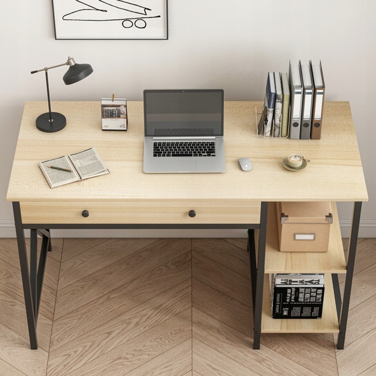 Biurko komputerowe loft industrialne szuflada półki jasny dąb skandynawski