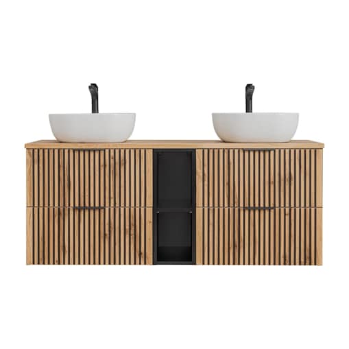 Szafka pod umywalkę nablatową XILO BLACK WOTAN 82 czarna/dąb x2 + regał - zestaw 140 cm z blatem