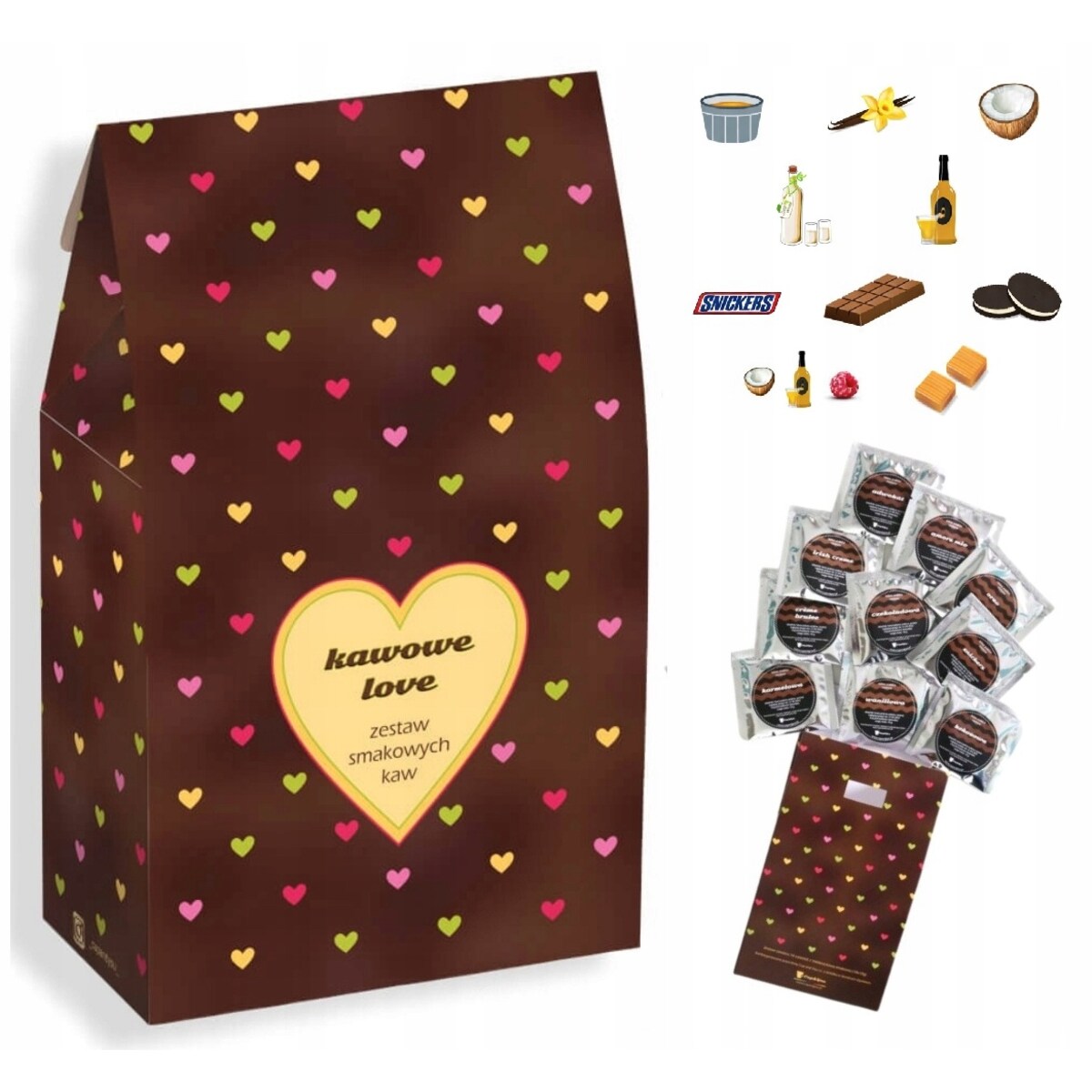 Zestaw prezentowy upominkowy "KAWOWE LOVE" - 10 smaków kaw deserowych premium - prezent upominek na walentynki dla chłopaka dziewczyny niej niego żony męża kobiety faceta mężczyzny