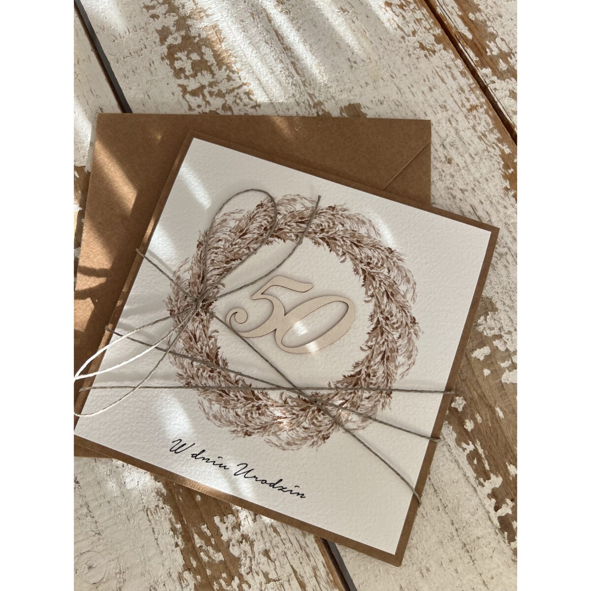 Wyjątkowa kartka ręcznie robiona na 50 urodziny życzenia boho