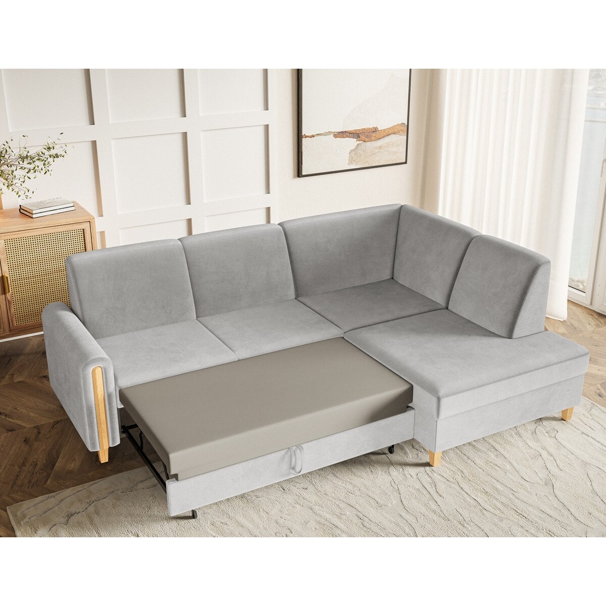 Rozkładany narożnik FLORA w tkaninie hydrofobowej, prawostronny-jasny szary