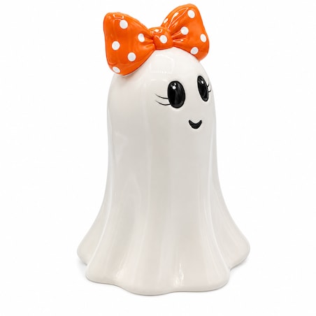 Dekoracja - Figurka pani duch 16,6x11x10,8 cm BOO-3 z pomarańczową kokardą w białe kropki