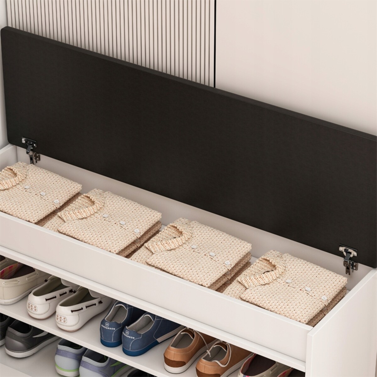 Szafka na buty z siedziskiem schowkiem duża 2 półki biała otwierana 100 cm