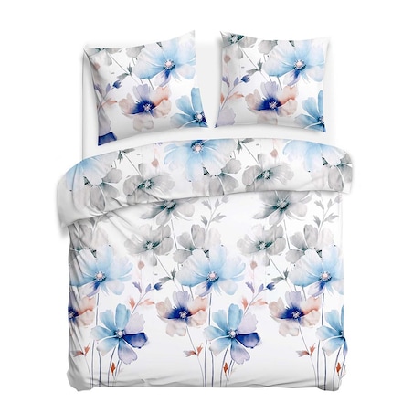 Pościel satyna bawełniana 180x200 Lunara biała w duże pastelowe niebieskie kwiaty, Satynlove