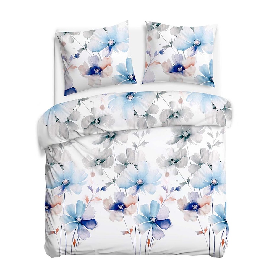 Pościel satyna bawełniana 180x200 Lunara biała w duże pastelowe niebieskie kwiaty, Satynlove
