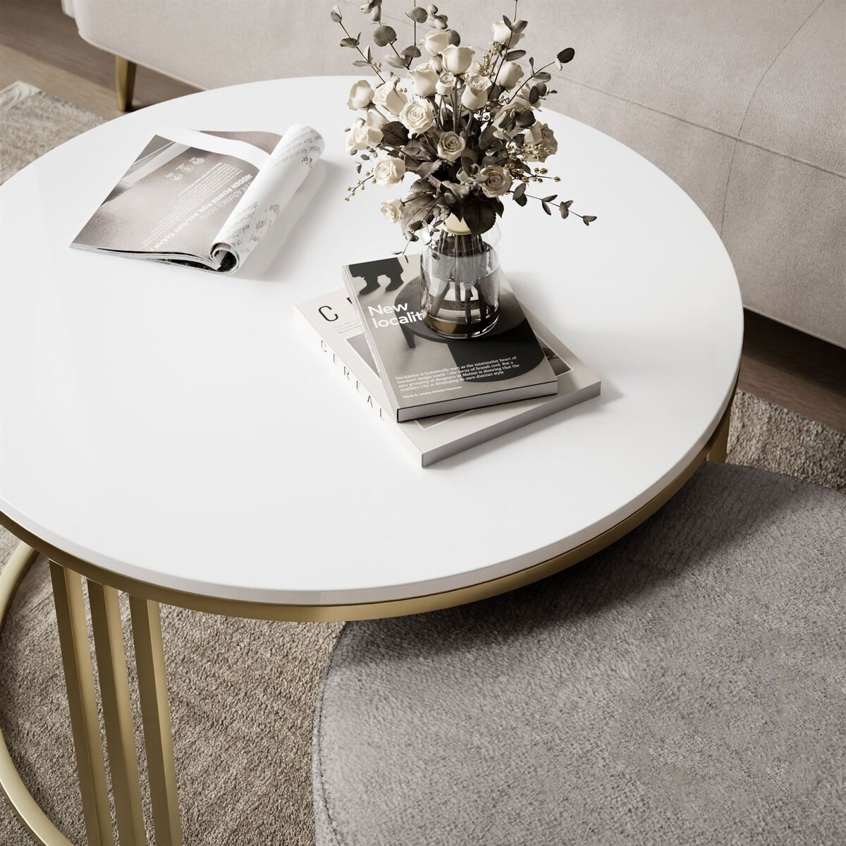 Stolik kawowy z pufą LORI POŁYSK złoto szczotkowane, biały / Perfect Harmony 82