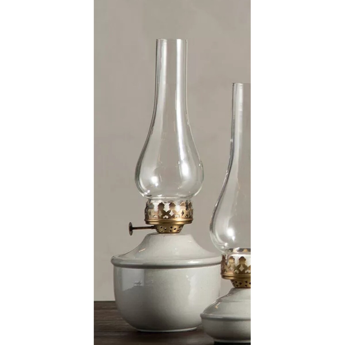 ŚWIECZNIK LAMPA NAFTOWA SZARY TEALIGHT szklany metalowy skandynawski 34cm