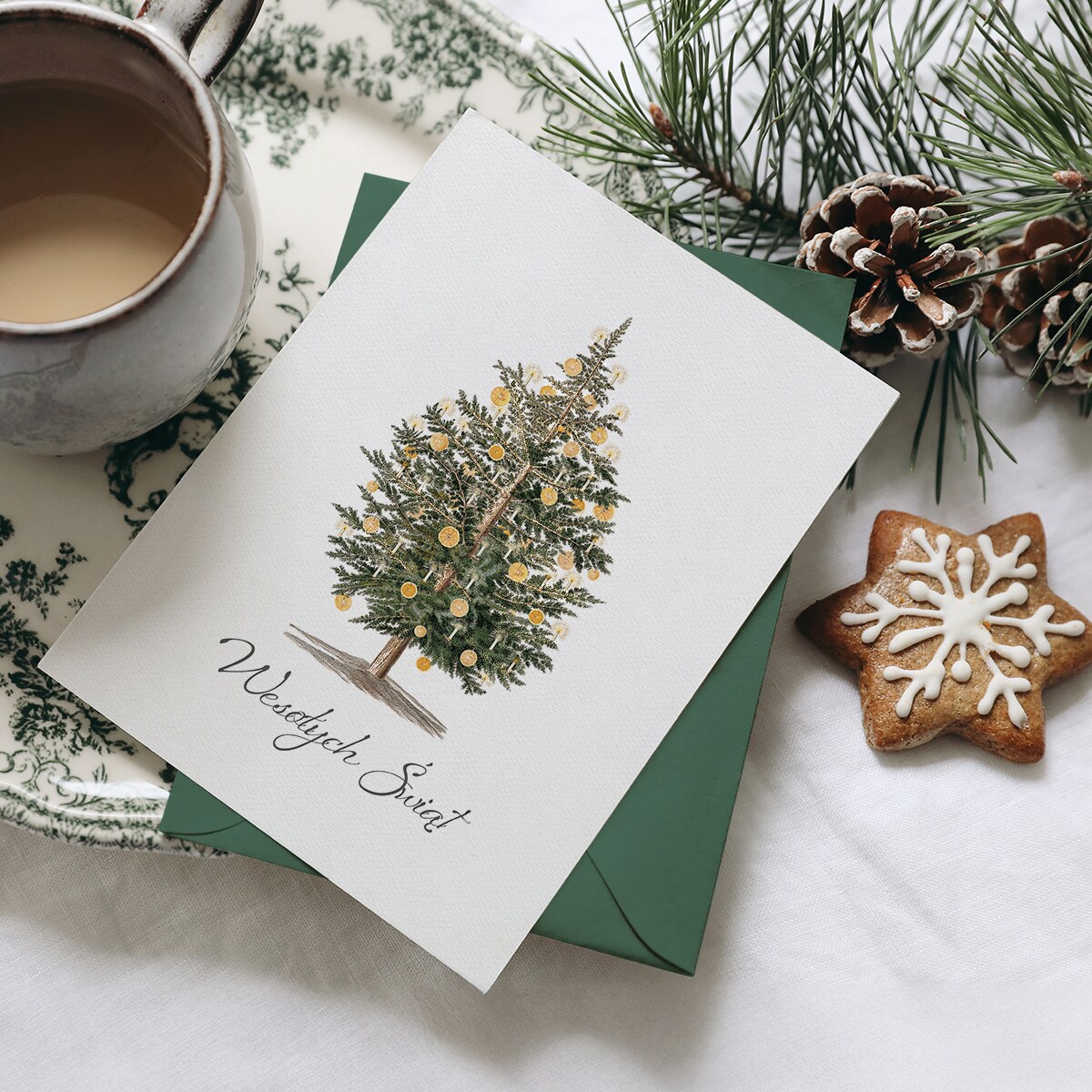 Zestaw Sześciu Kartek Świątecznych Choinka i Gałązka 12x17