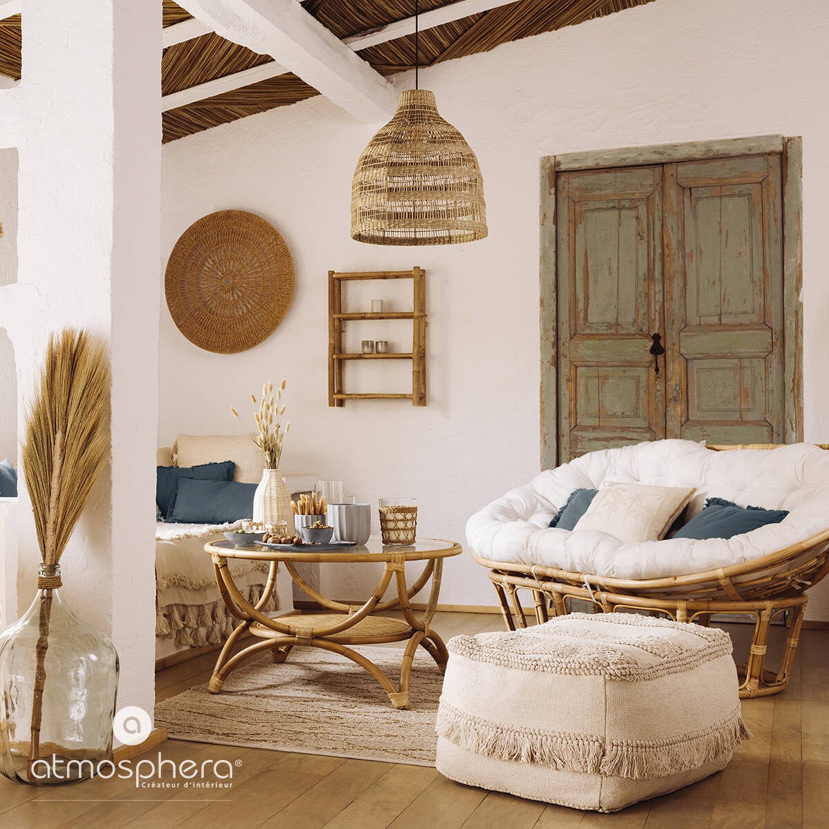 Puf boho Sea view, frędzle, bawełna z recyklingu, 65 x 45 x 35 cm