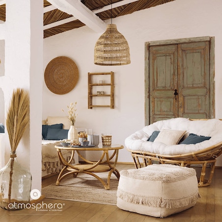 Puf boho Sea view, frędzle, bawełna z recyklingu, 65 x 45 x 35 cm