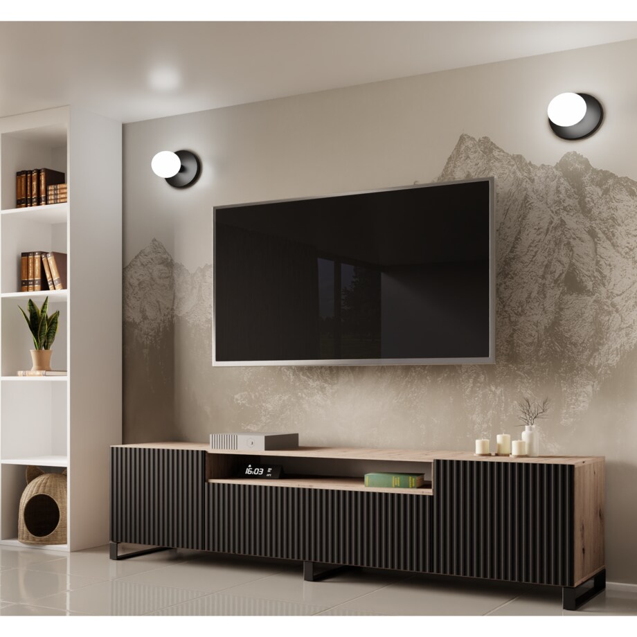 Stojąca szafka RTV NOELI pod telewizor do salonu, z ryflowany front- czarna