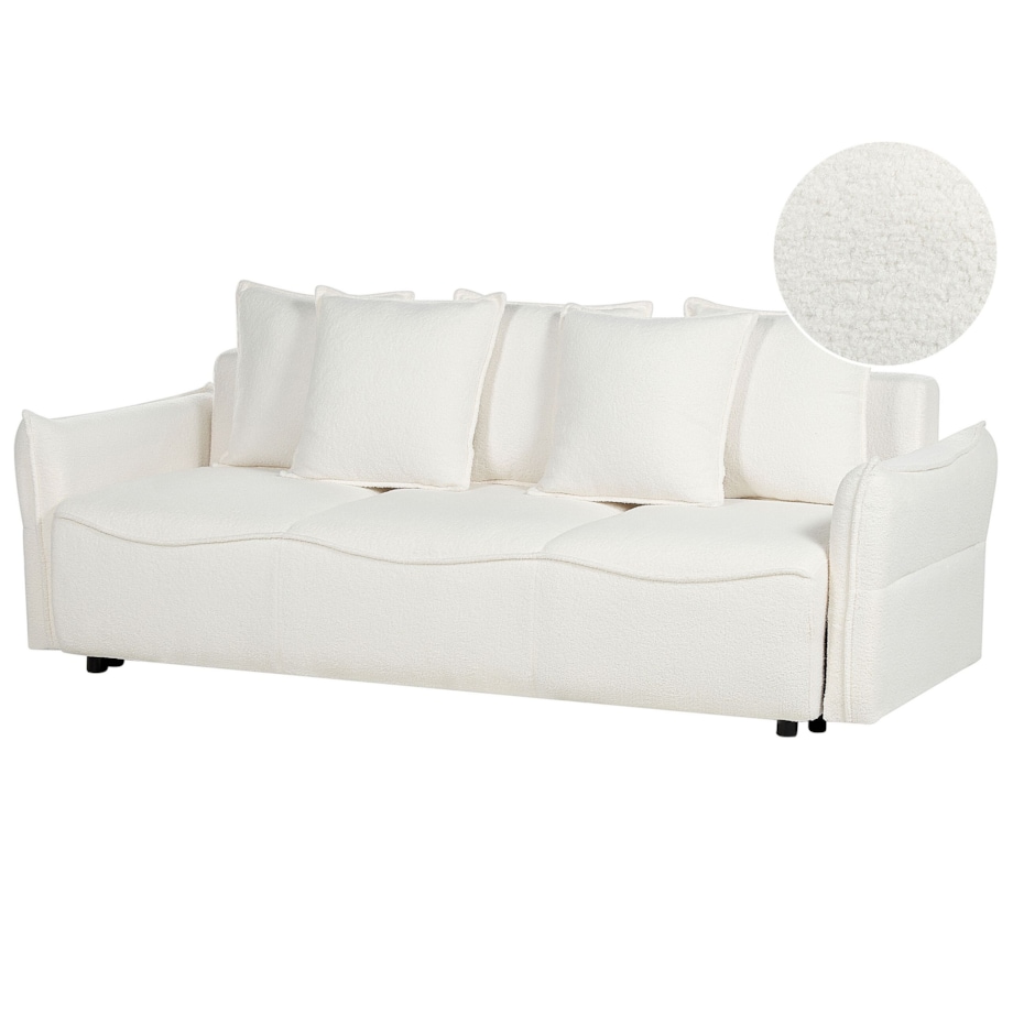 Sofa rozkładana z pojemnikiem boucle biała KRAMA