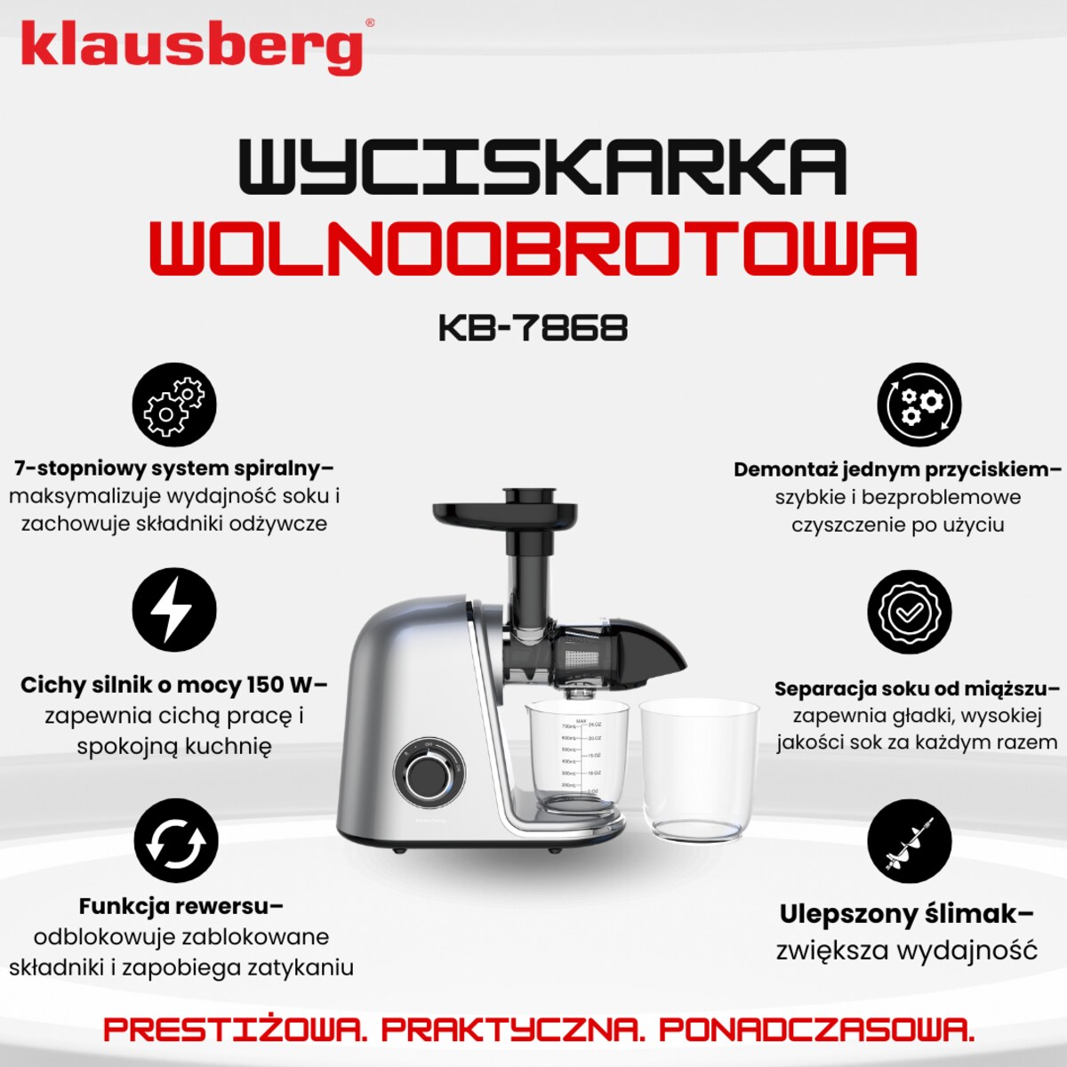 Sokowirówka wolnoobrotowa 150W do owoców i warzyw COLD PRESS KLAUSBERG KB-7868