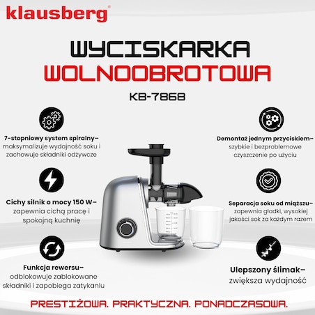 Sokowirówka wolnoobrotowa 150W do owoców i warzyw COLD PRESS KLAUSBERG KB-7868