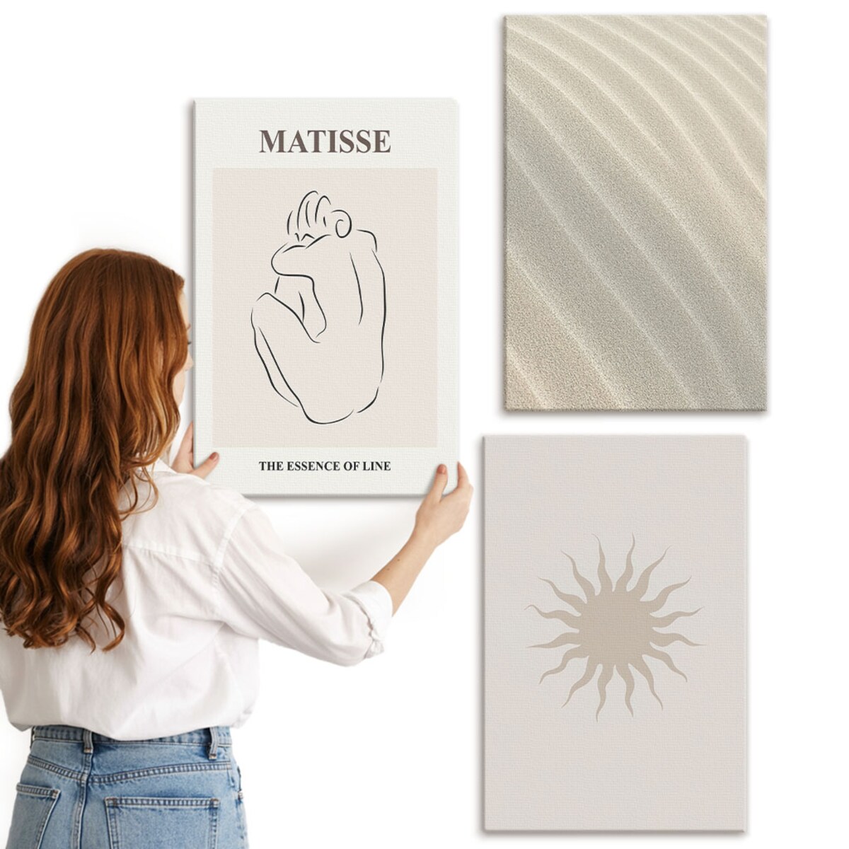 Zestaw 3 dużych obrazów na płótnie - Minimalistyczne linie piasku słońce - beżowy