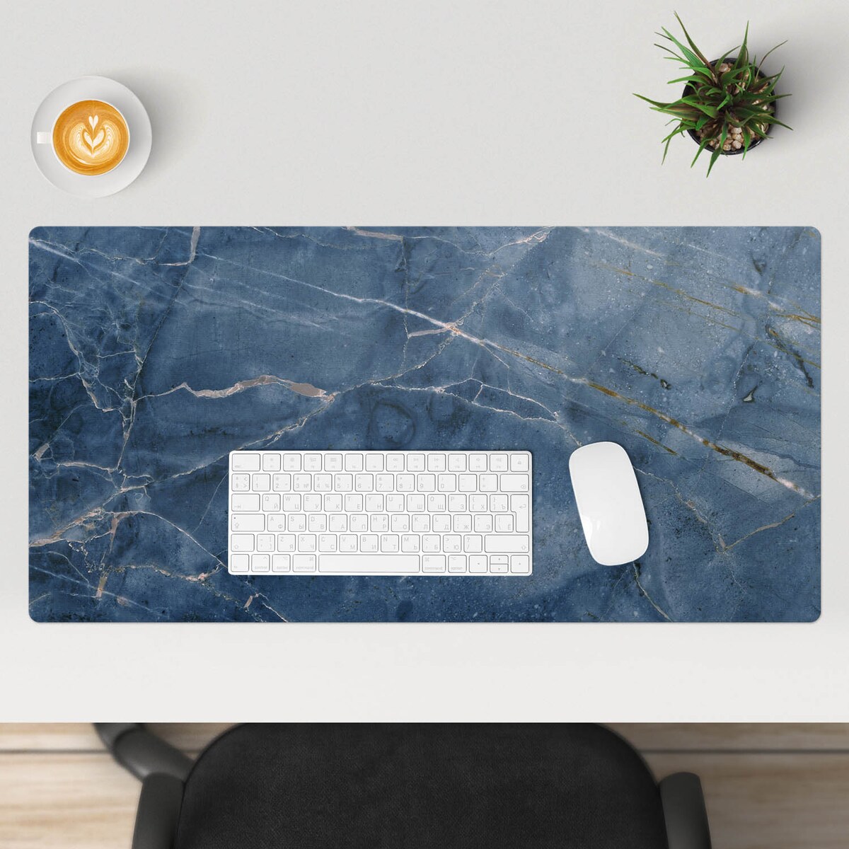 Niebieska mata na biurko Marmurowe żyłki, 90x45 cm