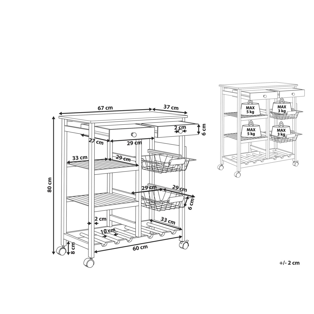 Bambusowy wózek kuchenny 2 szuflady jasne drewno MORINO