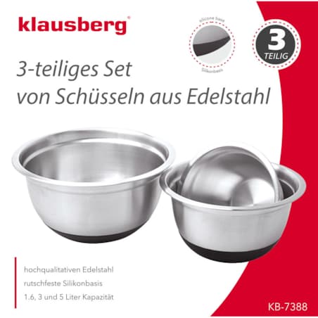 Zestaw 3 misek stalowych z podstawą silikonową miski kuchenne KLAUSBERG