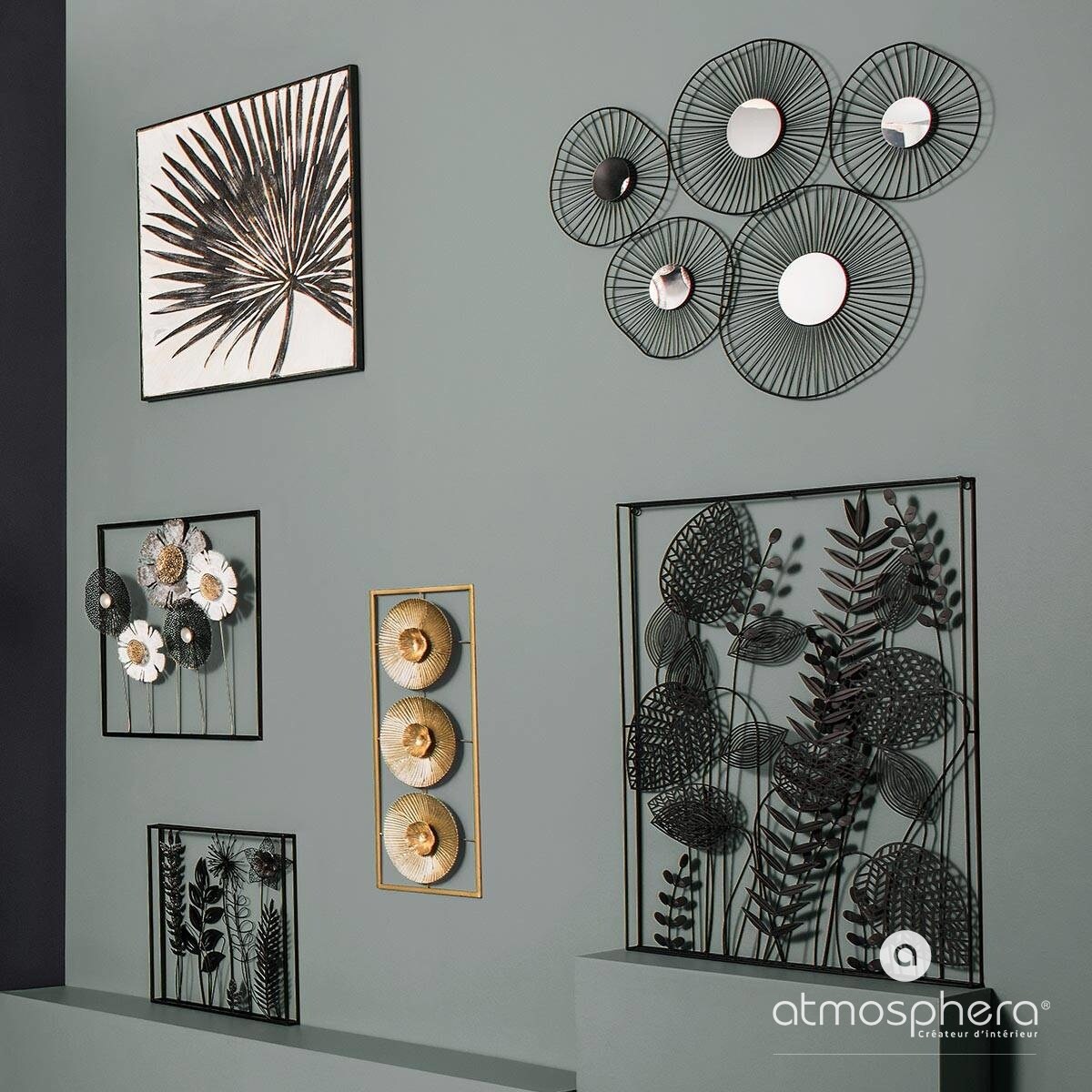 Dekoracja na ścianę w ramce LIŚCIE, metalowa, 40 x 40 cm