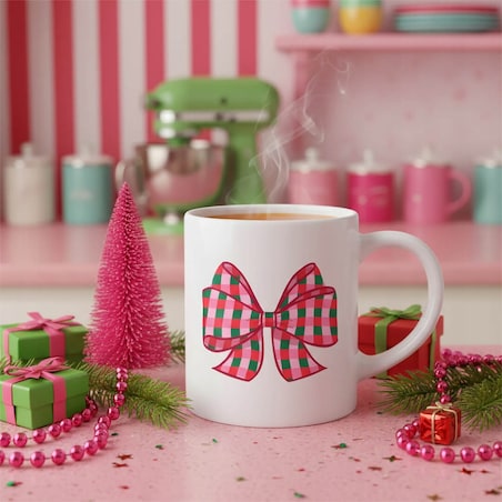 ŚWIĄTECZNY KUBEK Z MOTYWEM KOKARDKI CHRISTMAS BOW 250ML - PREZENT UPOMINEK NA MIKOŁAJA ŚWIĘTA GWIAZDKĘ BOŻE NARODZENIE POD CHOINKĘ DLA KOBIETY MAMY ŻONY DZIEWCZYNY