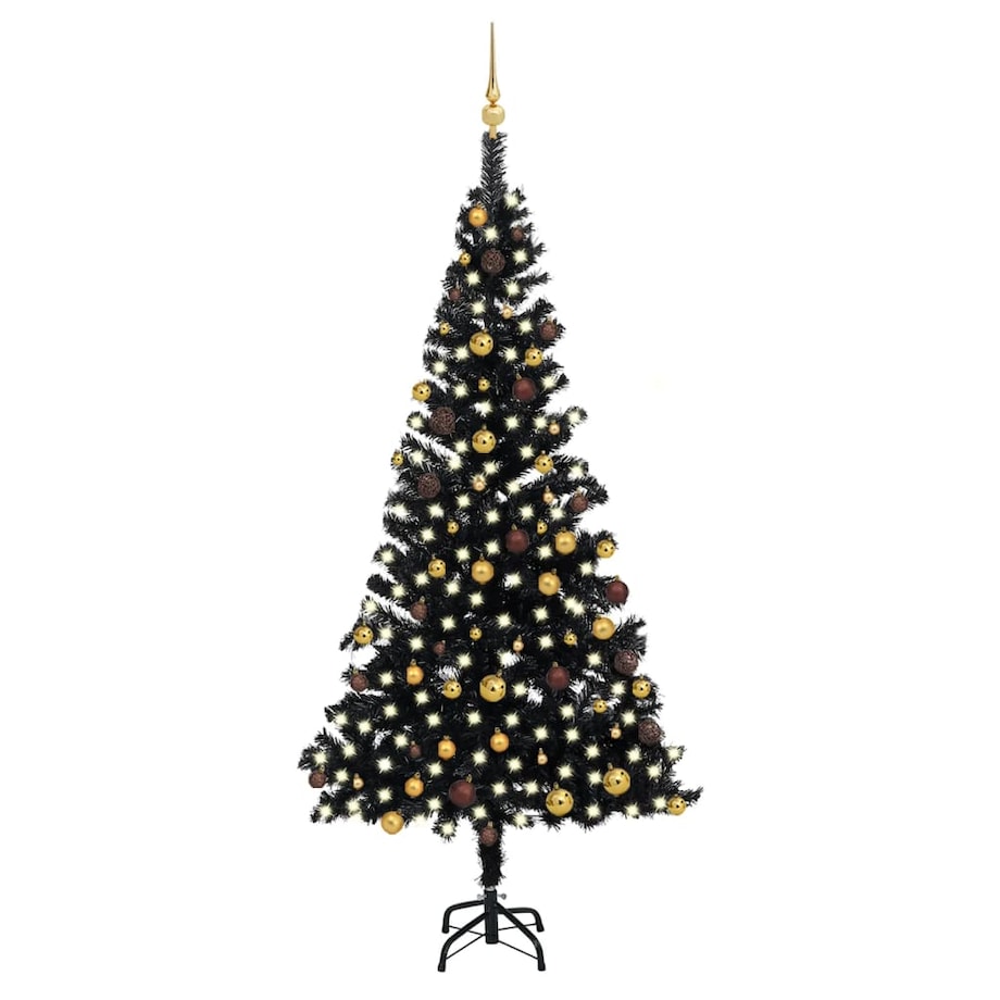 vidaXL Sztuczna choinka z lampkami i bombkami, czarna, 210 cm, PVC