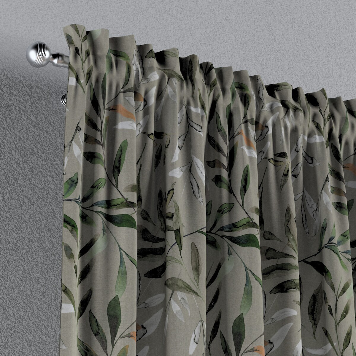 Zasłona na kanale z grzywką 1 szt. 130x260 zielone gałązki na szarym tle