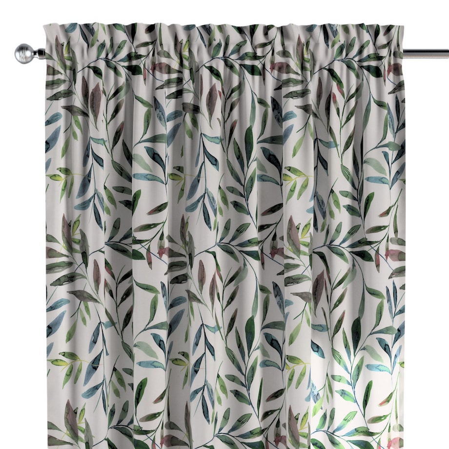 Zasłona na kanale z grzywką 1 szt. 130x245 zielone gałązki na białym tle