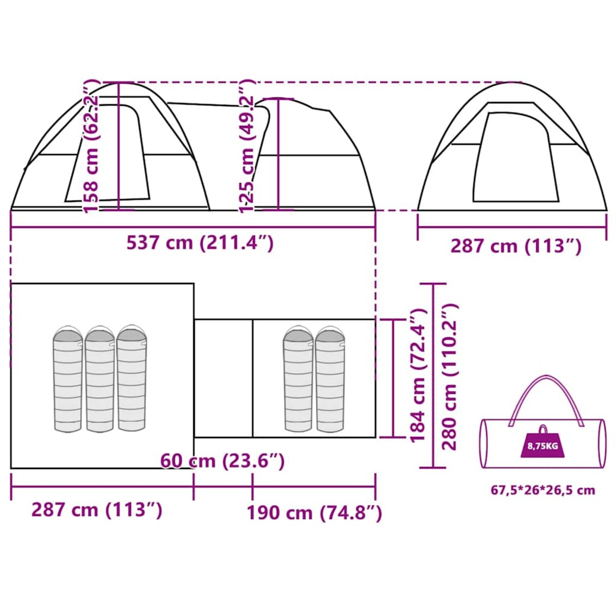 vidaXL Namiot kempingowy 5-osobowy biały materiał zaciemniający