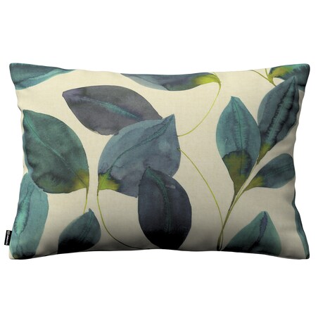 Poszewka Kinga na poduszkę prostokątną 60x40 liście w kolorze szmaragdowej zieleni z fioletem na lnianym tle