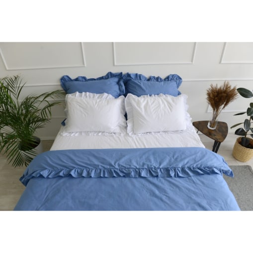 Pościel Bawełniana Z Falbanką Zestaw Komplet Do Sypialni Kołdra + 4 Poduszki 160X200 Niebieski Jeans Biel