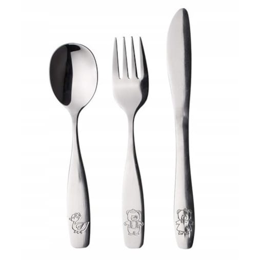 KOMPLET SZTUĆCE DLA DZIECI widelec łyżka nóż na prezent roczek urodziny box