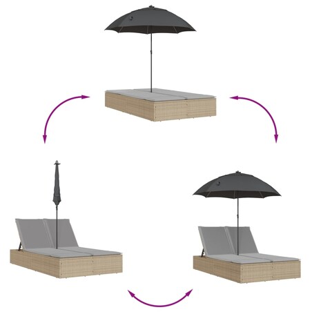 vidaXL Podwójna leżanka z poduszkami i parasolem, beżowa, polirattan