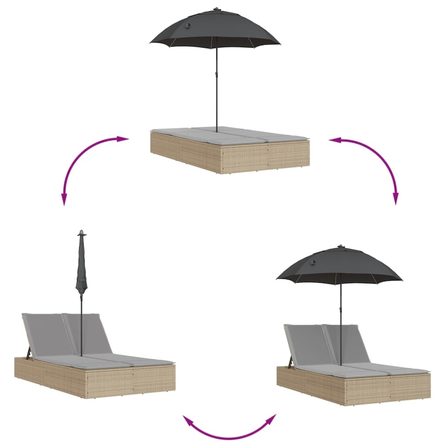 vidaXL Podwójna leżanka z poduszkami i parasolem, beżowa, polirattan