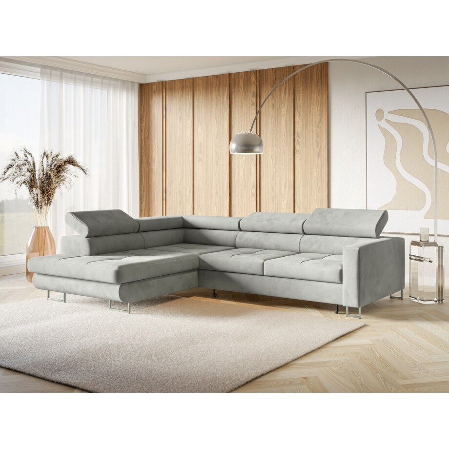 Narożnik rozkładany MERY L z regulowanymi zagłówkami na srebrnych nóżkach