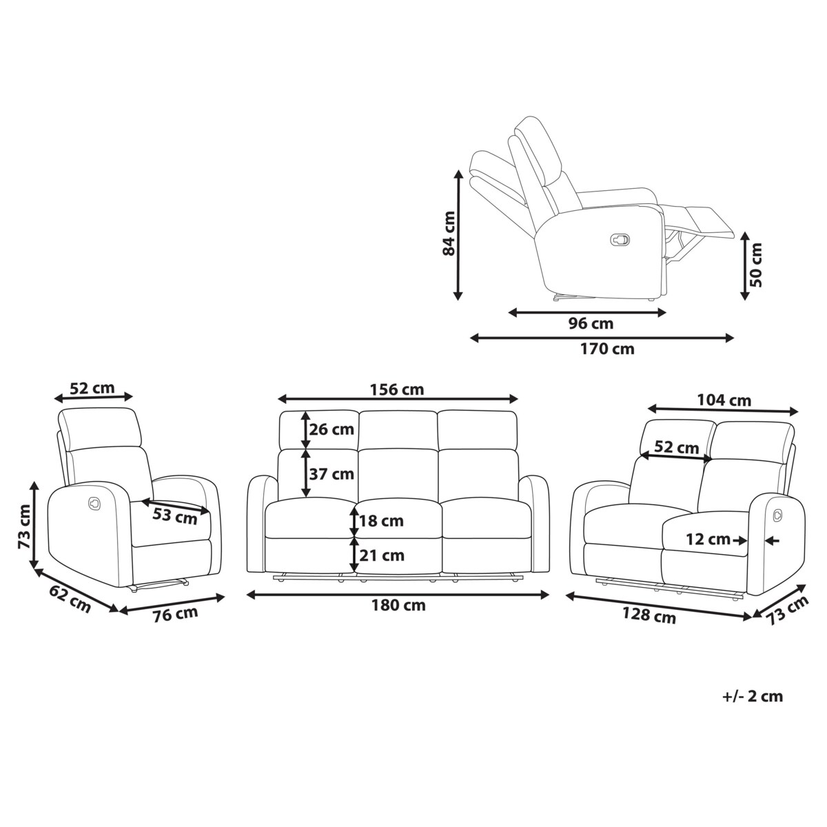 Komplet wypoczynkowy z manualną funkcją relaksu 6-osobowy welurowy biały VERDAL