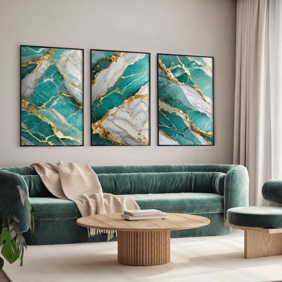 ZESTAW 3X PLAKAT W RAMIE DO SYPIALNI TURKUSOWY MARMUR STYL GLAMOUR 60x80cm