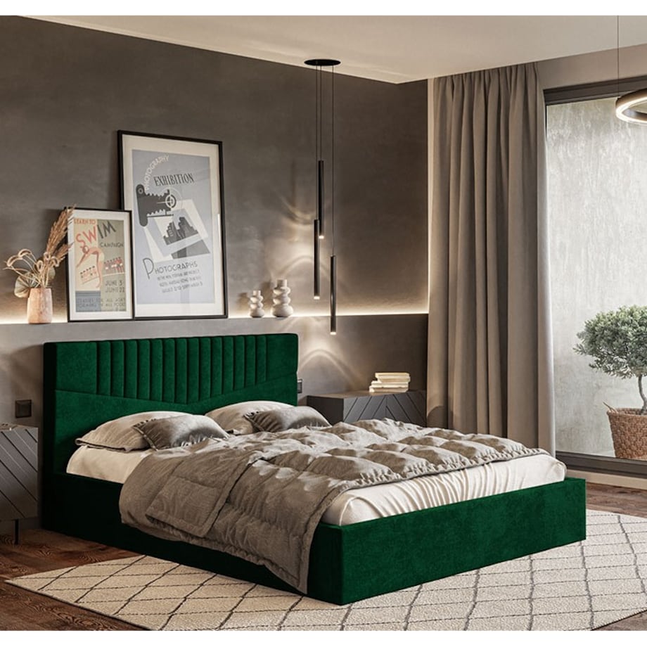 Łóżko tapicerowane 140x200 OLDO 7 z pojemniekim- butelkowa zieleń
