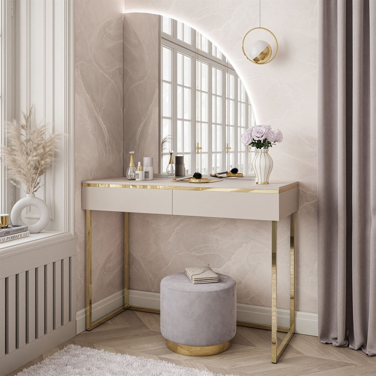 Toaletka AURORA-Q kaszmir złoty chrom lustro prawe