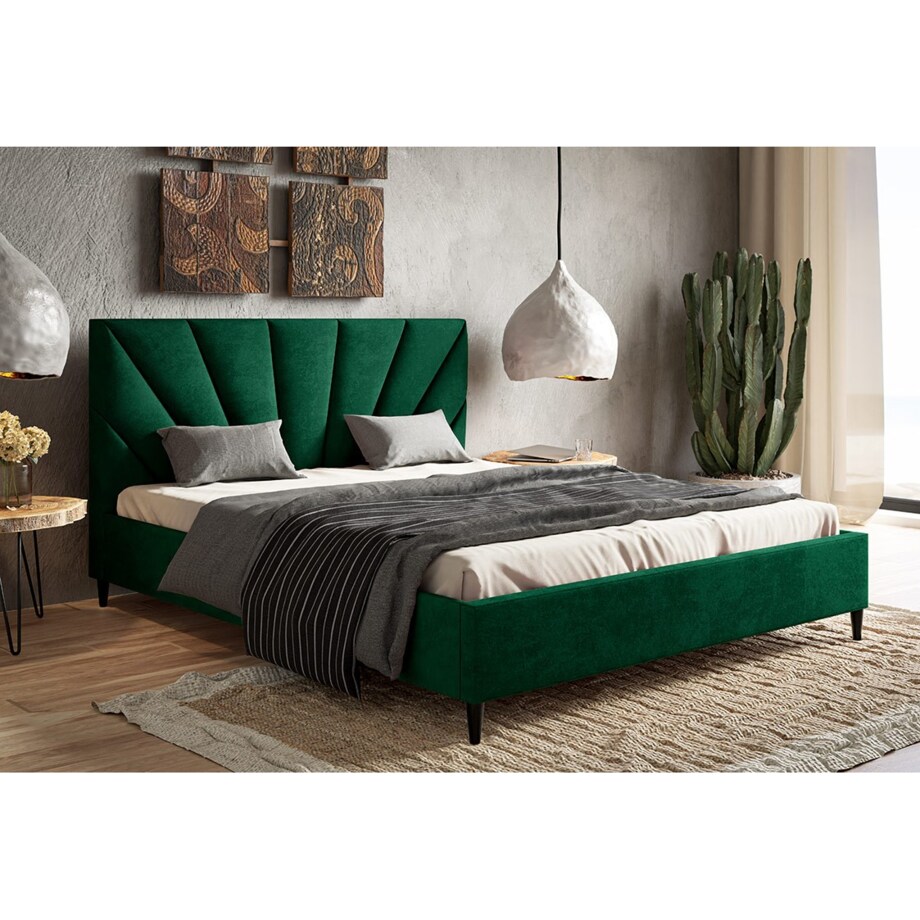 Łóżko tapicerowane 140x200 LUXO 3 na wysokich nogach- butelkowa zieleń