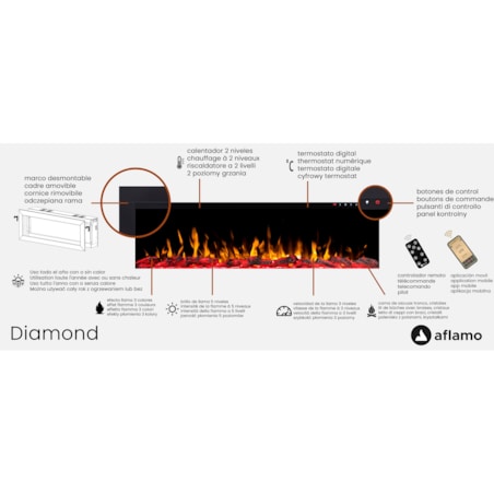 Kominek elektryczny AFLAMO Diamond 128 - do zabudowy - 127x45x17 cm - kominek LED z funkcją grzania 750/1500 W