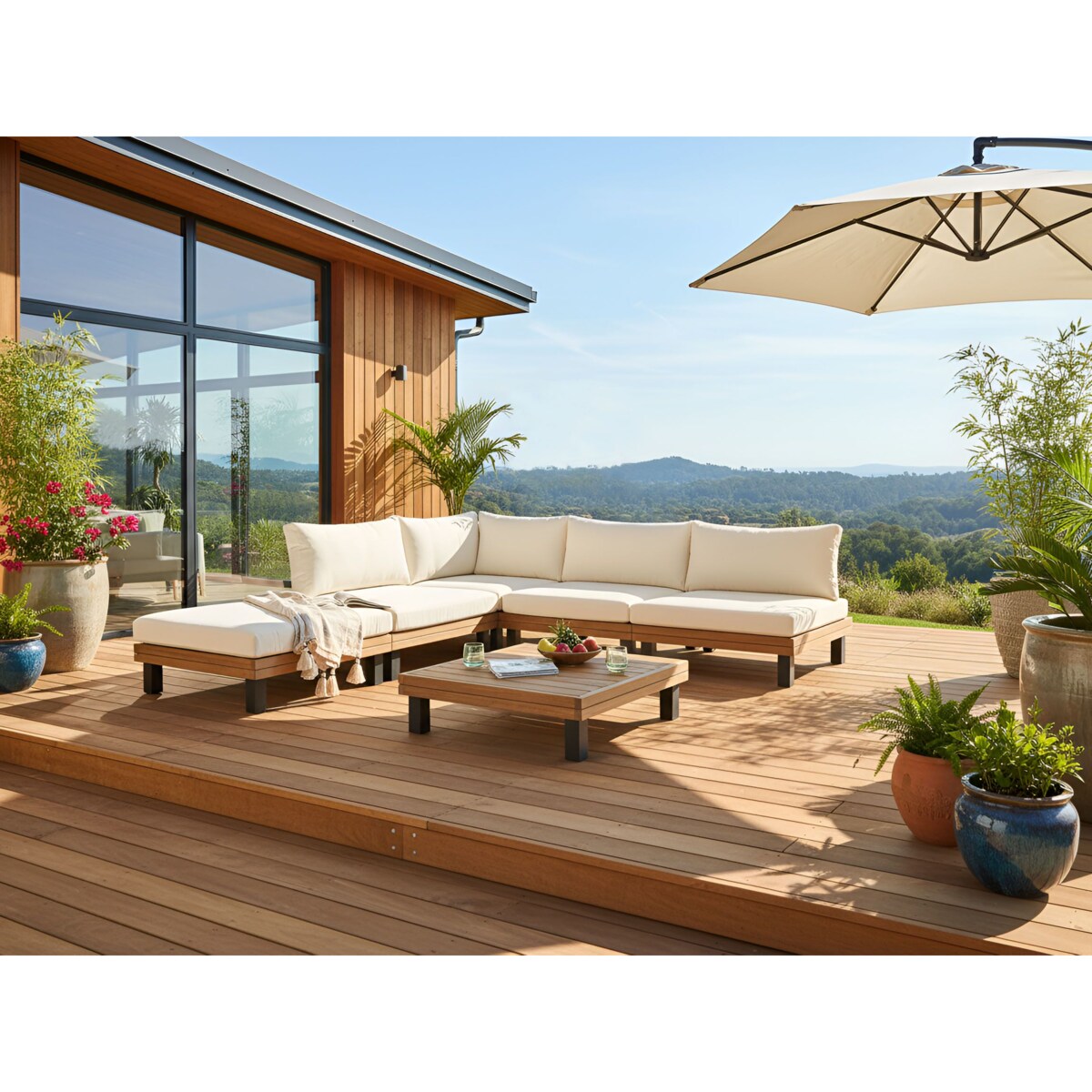 Narożnik ogrodowy ze stolikiem dla 5 osób FRAZZANO Certyfikowane drewno akacjowe Złamana biel