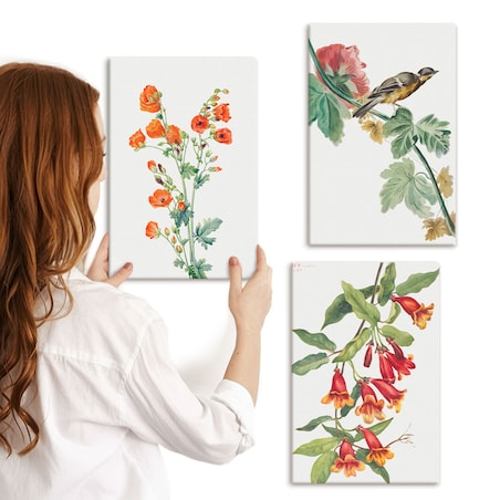 Zestaw 3 małych obrazów na płótnie - Malowane kwiaty i ptak - pomarańczowy