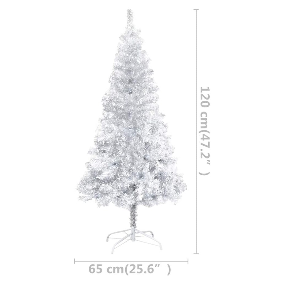 vidaXL Sztuczna choinka z lampkami i bombkami, srebrna, 120 cm, PET