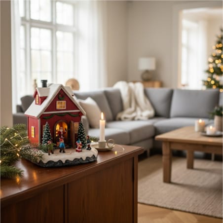 Dekoracja - LED bordowy domek świąteczny 18,5x17,5x21,5 cm