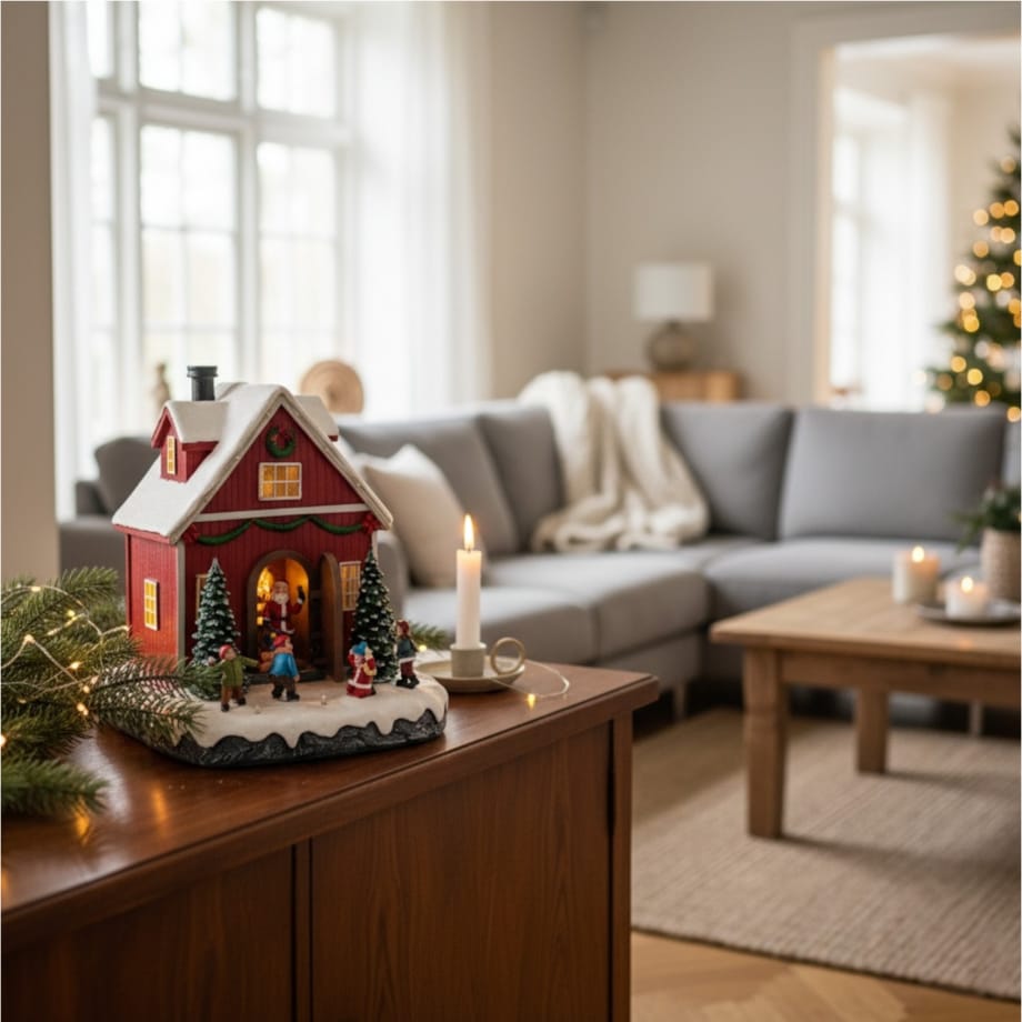 Dekoracja - LED bordowy domek świąteczny 18,5x17,5x21,5 cm