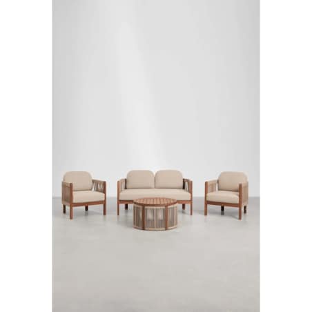 Zestaw ogrodowy: sofa 2-osobowa, 2 fotele i stolik kawowy z drewna akacjowego Serel