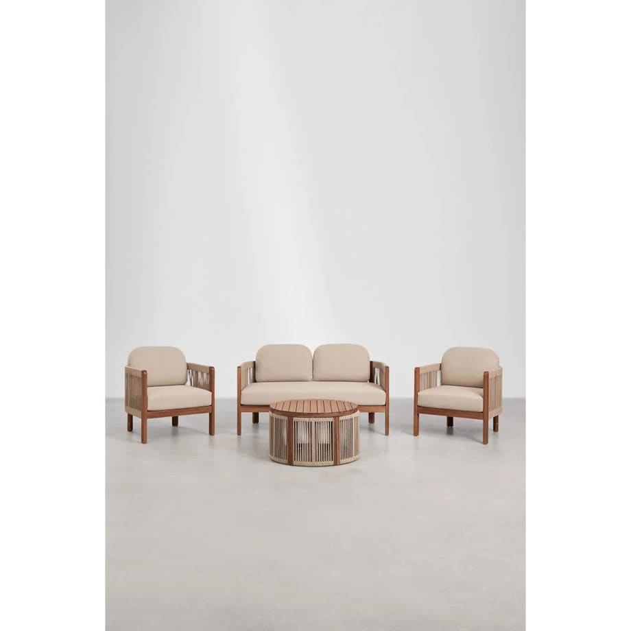 Zestaw ogrodowy: sofa 2-osobowa, 2 fotele i stolik kawowy z drewna akacjowego Serel